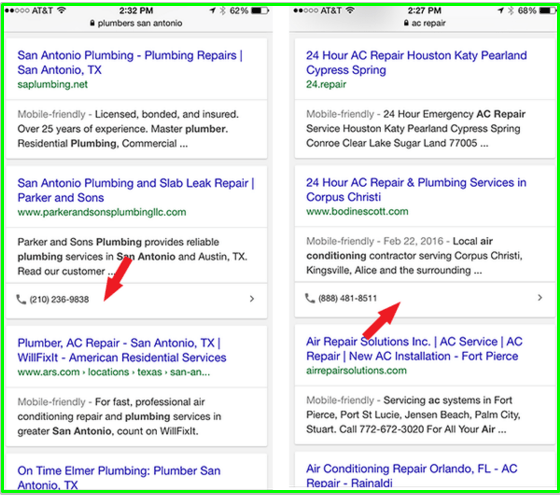 google tests clickable phone numbers in search results